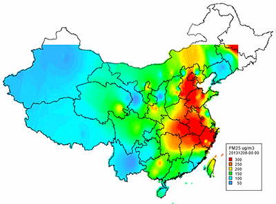 图 6:2013年冬季中国中东部地区空气严重污染和消退的全程动态过程