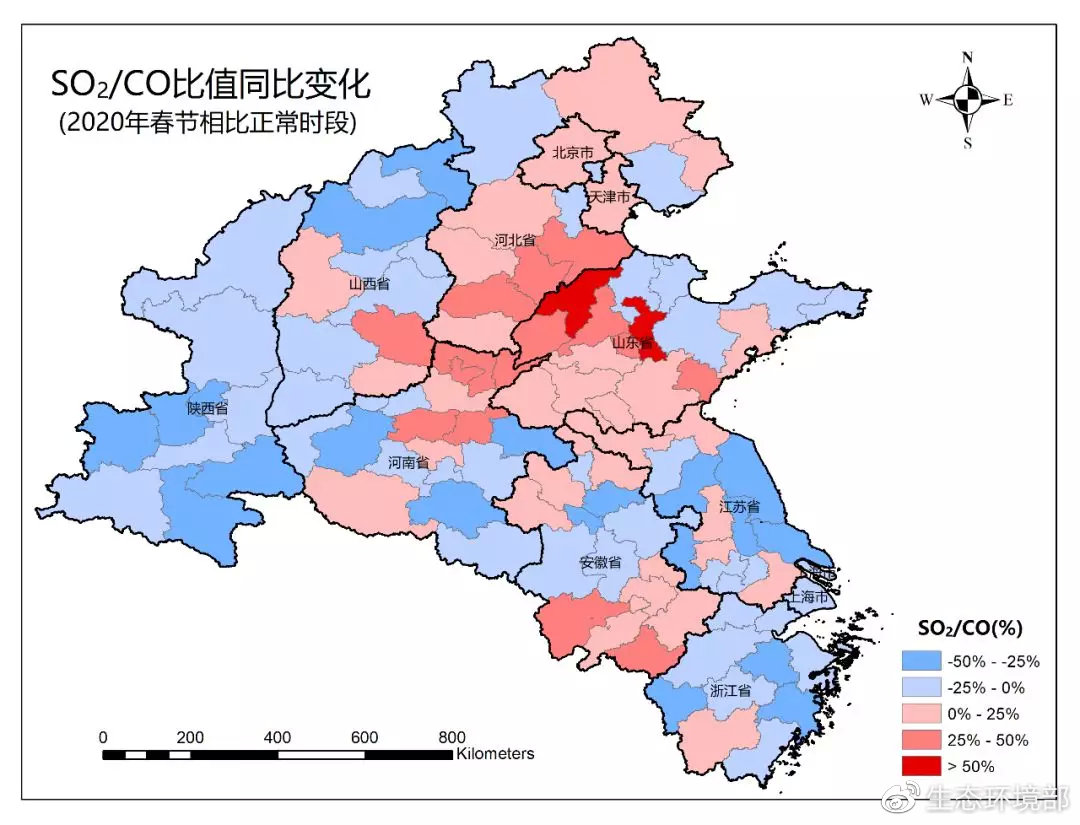 2020年春節(jié)期間SO2/CO比值較春節(jié)假期前變化幅度（數(shù)據(jù)來源：中國環(huán)境監(jiān)測總站）