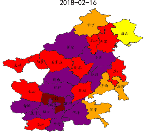 2月16-19日（大年初一至初四）京津冀及周边地区“2+26”城市PM2.5污染情况