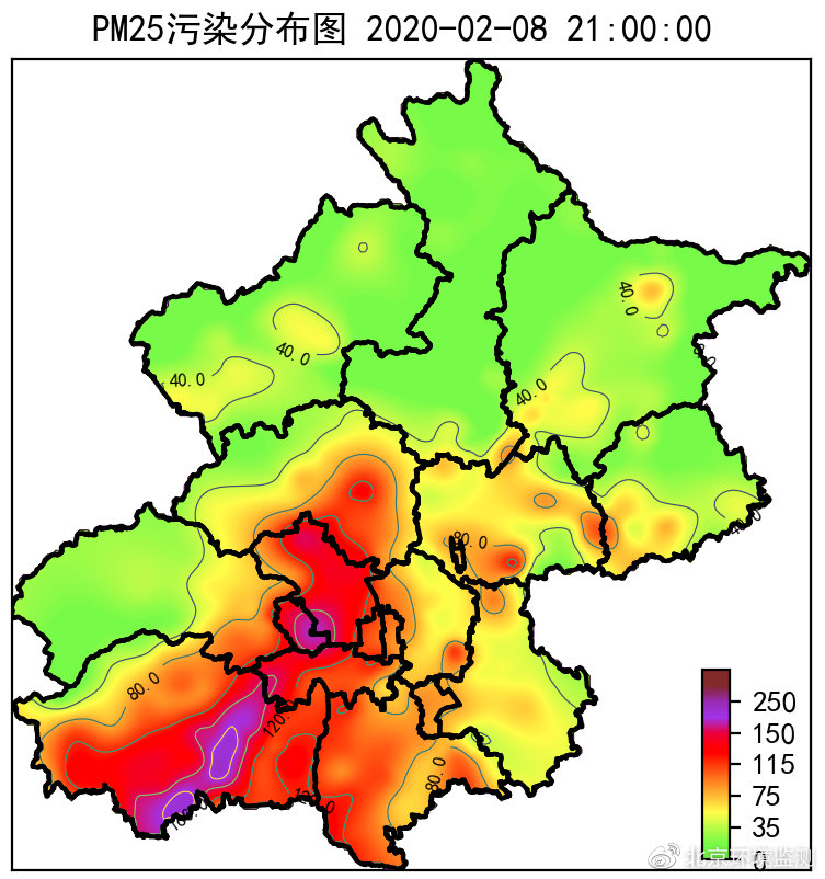 图3 2020年元宵节21时北京市PM2.5空间分布图