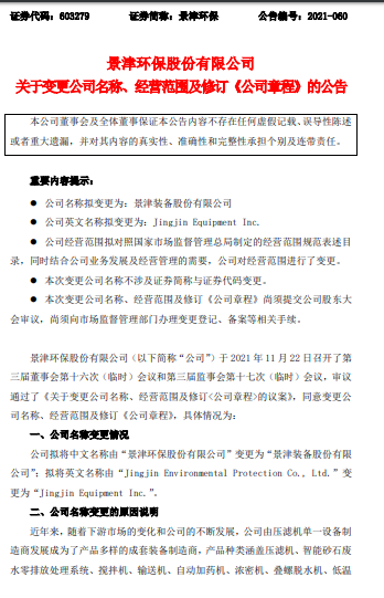 景津环保：中文名称拟变更为“景津配备股份有限公司”
