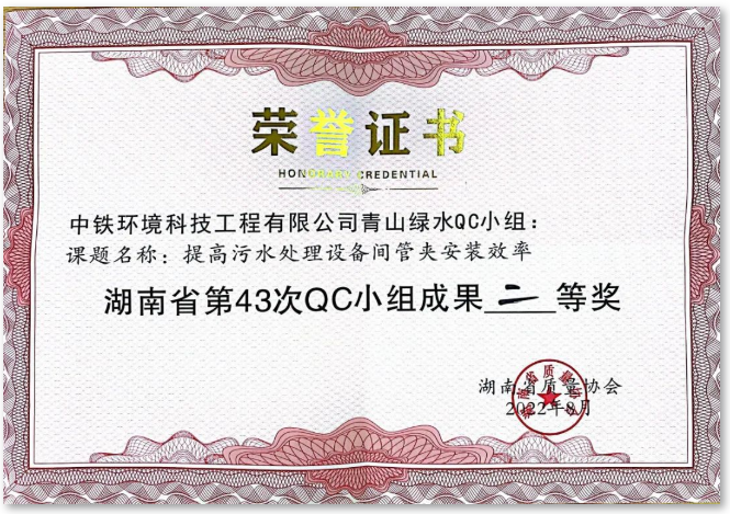 中铁环境荣获湖南省第43次QC小组成果二等奖