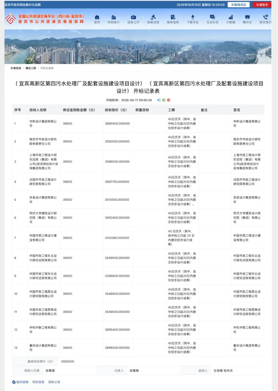 项目开标记录表截图